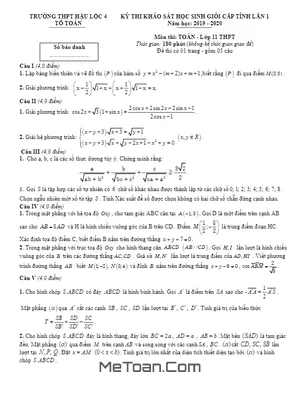 Đề khảo sát HSG Toán 11 lần 1 năm 2019 - 2020 trường Hậu Lộc 4 - Thanh Hóa