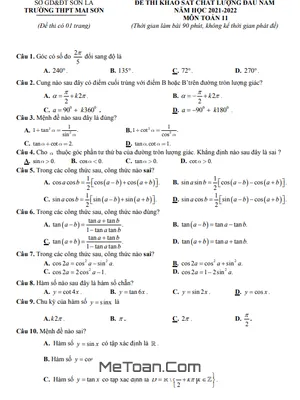 Đề thi KSCL Toán 11 đầu năm học 2021 - 2022 trường THPT Mai Sơn - Sơn La