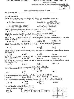 Đề thi học kì 1 Toán 10 năm 2019 - 2020 trường THPT Nhân Chính - Hà Nội (Mã đề 132)