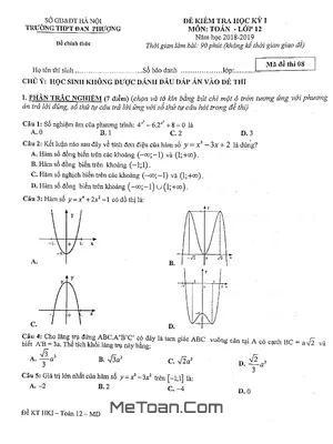 Đề thi học kỳ 1 Toán 12 năm 2018 - 2019 trường THPT Đan Phượng - Hà Nội (Có lời giải)