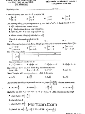 Đề thi giữa kỳ 2 Toán 10 năm 2018 - 2019 trường Nhân Chính - Hà Nội (có đáp án)