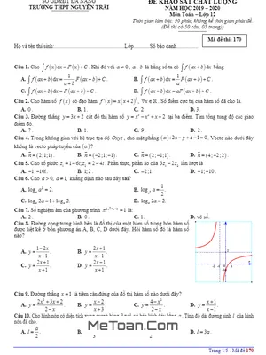 Đề khảo sát chất lượng Toán 12 năm 2019 - 2020 trường Nguyễn Trãi - Đà Nẵng