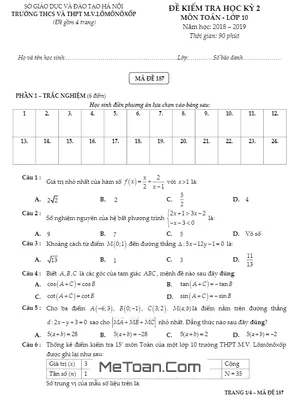 Đề thi học kỳ 2 Toán 10 năm 2018 – 2019 trường M.V Lômônôxốp – Hà Nội