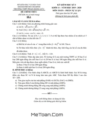 Đề thi học kì 1 Toán 11 năm 2019 - 2020 trường THPT Phan Đăng Lưu - TP HCM