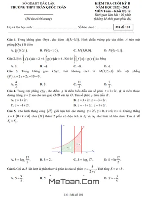 Đề Thi Cuối Kỳ 2 Toán 12 Năm 2022-2023 Trường THPT Trần Quốc Toản - Đắk Lắk