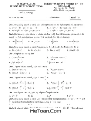 Đề thi học kỳ II Toán 12 năm 2017 - 2018 trường Phan Đình Phùng - Đắk Lắk