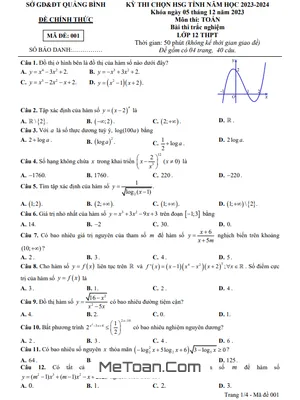 Đề thi học sinh giỏi tỉnh Toán 12 năm 2023 - 2024 Sở GD&ĐT Quảng Bình
