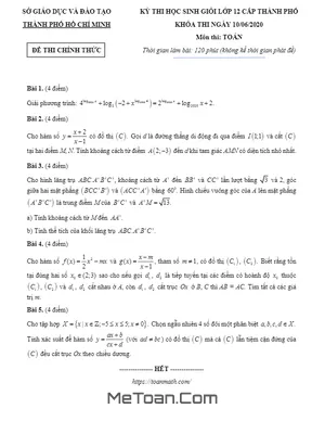 Đề thi HSG Toán 12 năm học 2019 - 2020 sở GD&ĐT TP. Hồ Chí Minh