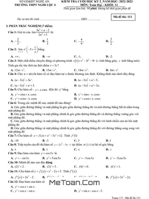 Đề thi học kỳ 2 Toán 11 năm 2022 - 2023 trường THPT Nghi Lộc 4 - Nghệ An (có đáp án)