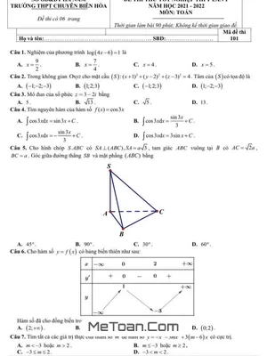 Đề thi thử Toán tốt nghiệp THPT 2022 lần 1 trường chuyên Biên Hòa – Hà Nam