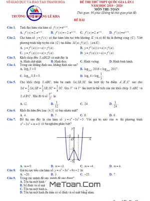 Đề thi thử Toán THPTQG 2020 lần 1 trường THPT Hoàng Lê Kha - Thanh Hóa