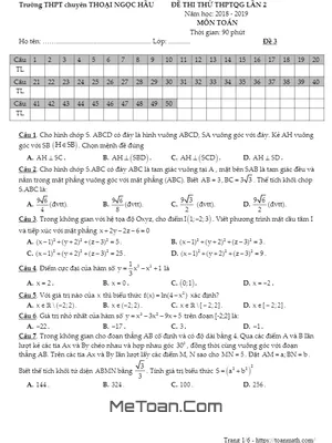 Đề thi thử THPTQG 2019 lần 2 môn Toán trường chuyên Thoại Ngọc Hầu - An Giang