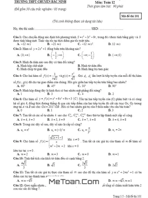 Đề thi thử THPT Quốc gia 2018 môn Toán trường THPT chuyên Bắc Ninh lần 1 - Có đáp án