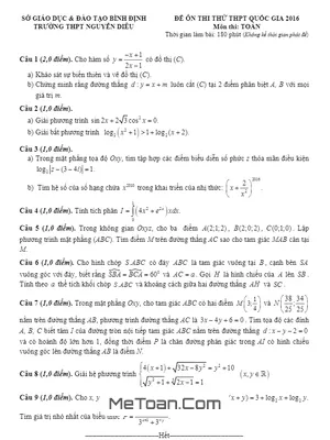 Đề Thi Thử THPT Quốc Gia 2016 Môn Toán Trường Nguyễn Diêu - Bình Định