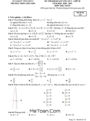 Đề thi KSCL Toán 10 lần 1 năm 2020 - 2021 trường THPT Liễn Sơn - Vĩnh Phúc - Mã đề 132