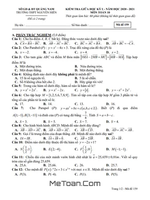 Đề thi giữa HK1 Toán 10 năm 2020 - 2021 trường THPT Nguyễn Hiền - Quảng Nam