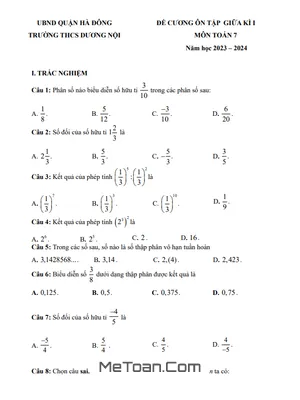 Đề Cương Ôn Tập Giữa Kì 1 Môn Toán Lớp 7 Năm 2023 - 2024 Trường THCS Dương Nội - Hà Nội