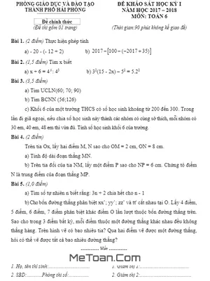 Đề thi học kỳ 1 Toán lớp 6 năm 2017 - 2018 phòng GD&ĐT Hải Phòng (có lời giải)