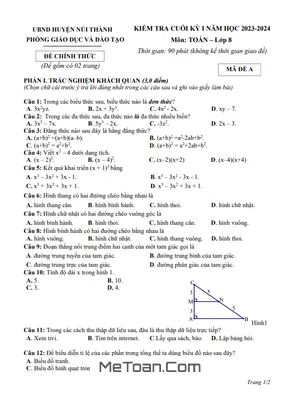 Đề thi học kỳ 1 Toán 8 năm 2023 - 2024 phòng GD&ĐT Núi Thành - Quảng Nam