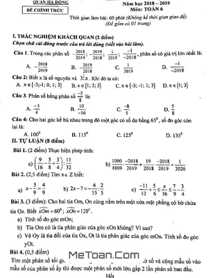 Đề KSCL giữa kì 2 Toán lớp 6 năm 2018 - 2019 phòng GD&ĐT Hà Đông - Hà Nội
