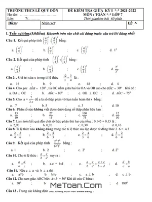 Đề thi giữa học kỳ 1 Toán 7 năm 2021 - 2022 trường THCS Lê Quý Đôn - Quảng Nam