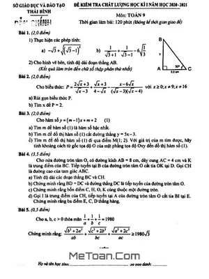 Đề thi học kì 1 Toán 9 năm học 2020 - 2021 sở GD&ĐT Thái Bình