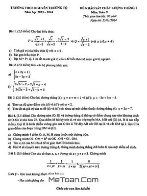 Đề khảo sát Toán 9 tháng 1 năm 2024 trường THCS Nguyễn Trường Tộ - Hà Nội