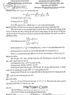 Đề khảo sát Toán 9 năm 2018 - 2019 phòng GD&ĐT Hoàn Kiếm - Hà Nội