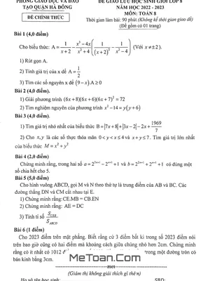 Đề thi học sinh giỏi Toán 8 năm 2022 - 2023 phòng GD&ĐT Hà Đông - Hà Nội