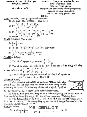Đề thi học sinh giỏi Toán 6 năm 2021 - 2022 phòng GD&ĐT Bá Thước - Thanh Hóa
