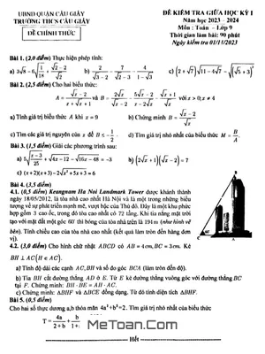 Đề thi giữa kì 1 Toán 9 năm 2023 - 2024 trường THCS Cầu Giấy - Hà Nội