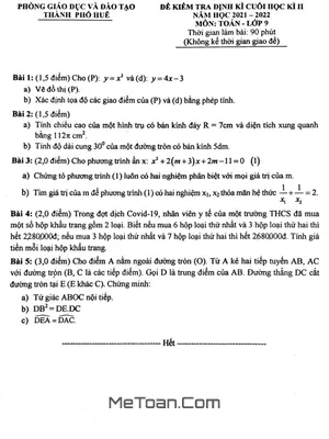 Đề thi học kì 2 Toán 9 năm 2021 - 2022 phòng GD&ĐT thành phố Huế