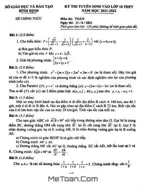 Đề thi tuyển sinh lớp 10 môn Toán Sở GD&ĐT Bình Định năm 2021 - 2022