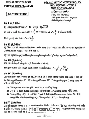 Đề khảo sát Toán 9 vòng 1 năm 2023 - 2024 trường THCS Giảng Võ - Hà Nội