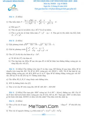 Đề thi chọn HSG Toán 9 cấp tỉnh năm 2019 - 2020 sở GD&ĐT Bình Phước