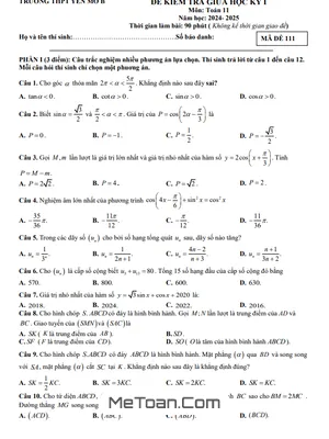 Đề Tham Khảo Giữa Kỳ 1 Toán 11 Năm 2024 - 2025 Trường THPT Yên Mô B - Ninh Bình