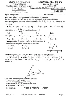Đề giữa kỳ 1 Toán 12 năm học 2024-2025 trường THPT Trường Chinh - TP.HCM (Mã đề 808)
