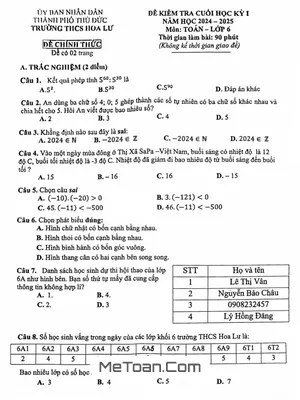 Đề Thi Học Kỳ 1 Toán Lớp 6 Năm 2024 - 2025 Trường THCS Hoa Lư - TP.HCM