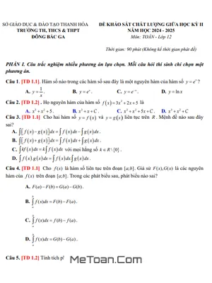 Bộ Đề Tham Khảo Giữa Học Kì 2 Toán 12 Năm 2024 - 2025 Sở GD&ĐT Thanh Hóa