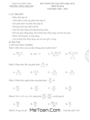 Đề Cương Giữa Học Kì 2 Toán 8 Năm 2025 – 2026 Trường THCS Thọ Lộc – Hà Nội