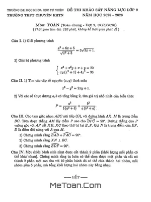 Đề Khảo Sát Toán 9 (Chung) Đợt 2 Năm 2025 – 2026 Trường THPT Chuyên KHTN – Hà Nội