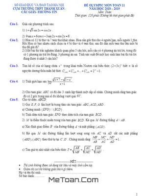 Đề Olympic Toán 11 năm 2019 cụm THPT Thanh Xuân & Cầu Giấy & Thường Tín – Hà Nội