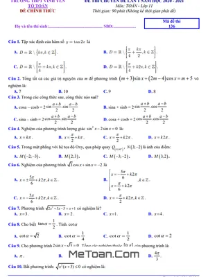 Đề thi chuyên đề Toán 11 lần 1 năm 2020 - 2021 trường THPT Vĩnh Yên - Vĩnh Phúc