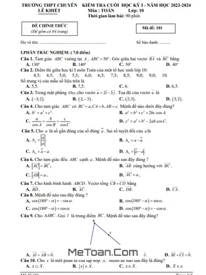 Đề thi học kỳ 1 Toán 10 năm 2023 - 2024 trường chuyên Lê Khiết - Quảng Ngãi