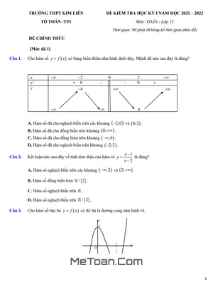 Đề kiểm tra học kỳ 1 Toán 12 năm 2021 - 2022 trường THPT Kim Liên - Hà Nội