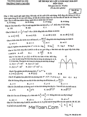 Đề thi học kỳ 1 Toán 12 năm 2018 - 2019 trường THPT chuyên ĐHSP Hà Nội