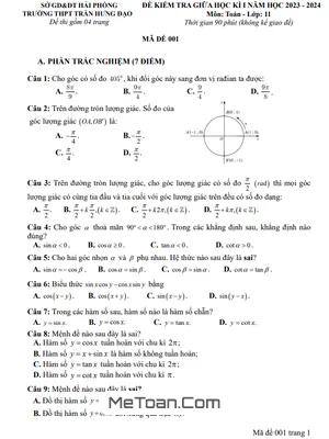 Đề Thi Giữa Kỳ 1 Toán 11 Năm 2023 - 2024 Trường THPT Trần Hưng Đạo - Hải Phòng