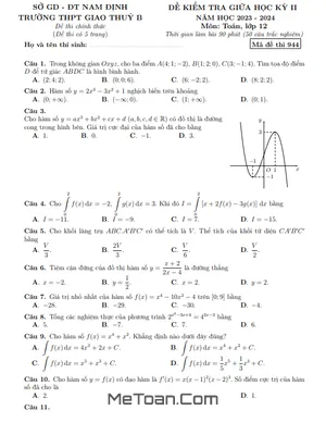 Đề giữa học kỳ 2 Toán 12 năm 2023 - 2024 trường THPT Giao Thủy B - Nam Định