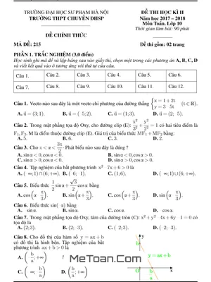 Đề thi HK2 Toán 10 năm học 2017 - 2018 trường THPT chuyên ĐHSP Hà Nội (có đáp án)