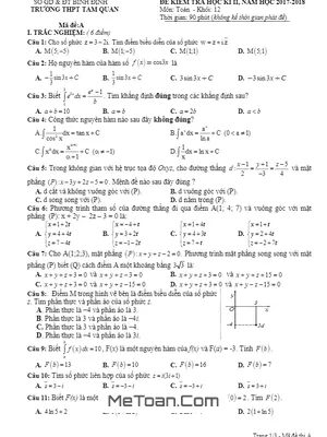 Đề thi học kỳ 2 Toán 12 năm 2017 - 2018 trường Tam Quan - Bình Định (có đáp án)